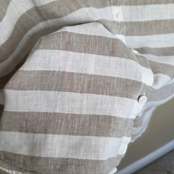 Peyton Jensen | Beige & White Striped Button Front Cuffed Short Sleeve Shirt - Picture 3 of 5